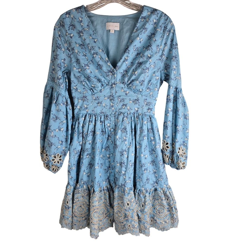 A Collective Story Blue Floral Eyelet Mini Dress Cottagecore Boho Size M
